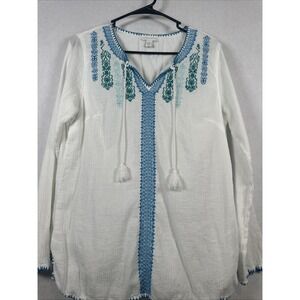 Charter Club 100% Cotton Lined White Blue Lng Sleeve Embroidered Floral Shirt 14